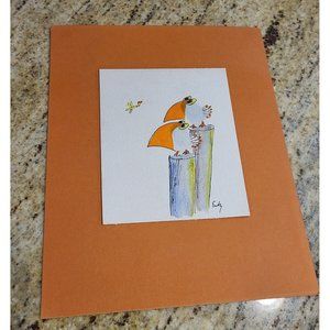 Handpainted Art Picture Birds on Perrings. Cute Beachy Nautical. Matted 8x10"